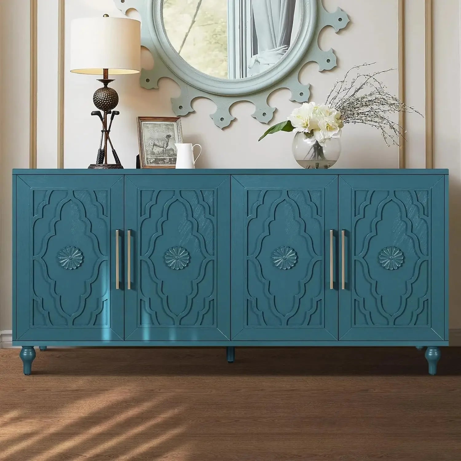 Sideboard Buffet Credenzas for Living Room, 63" Antique Entryway Table with Storage Accent Cabinet, Carved Flowers Doors