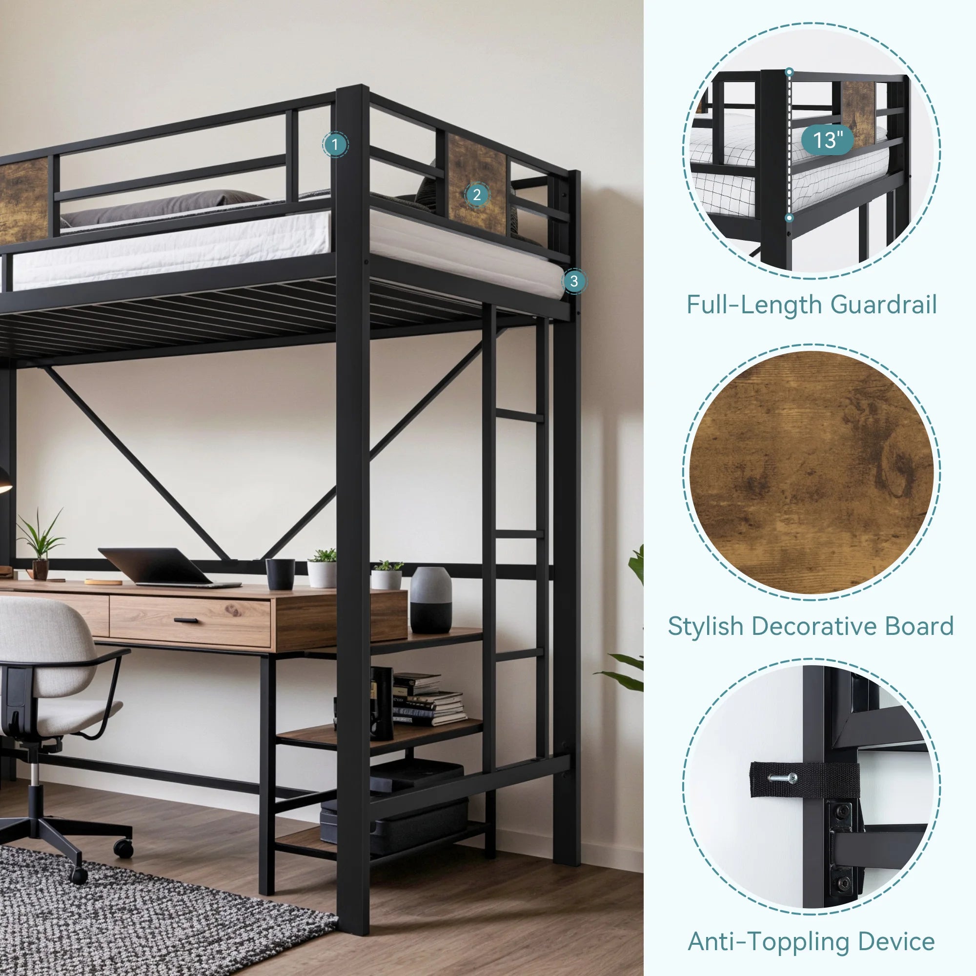 HOOMIC Twin Size Loft Bed Frame with Full Length Guardrail, Space-Saving, Sturdy Metal Construction, Easy Assembly Black Allewie