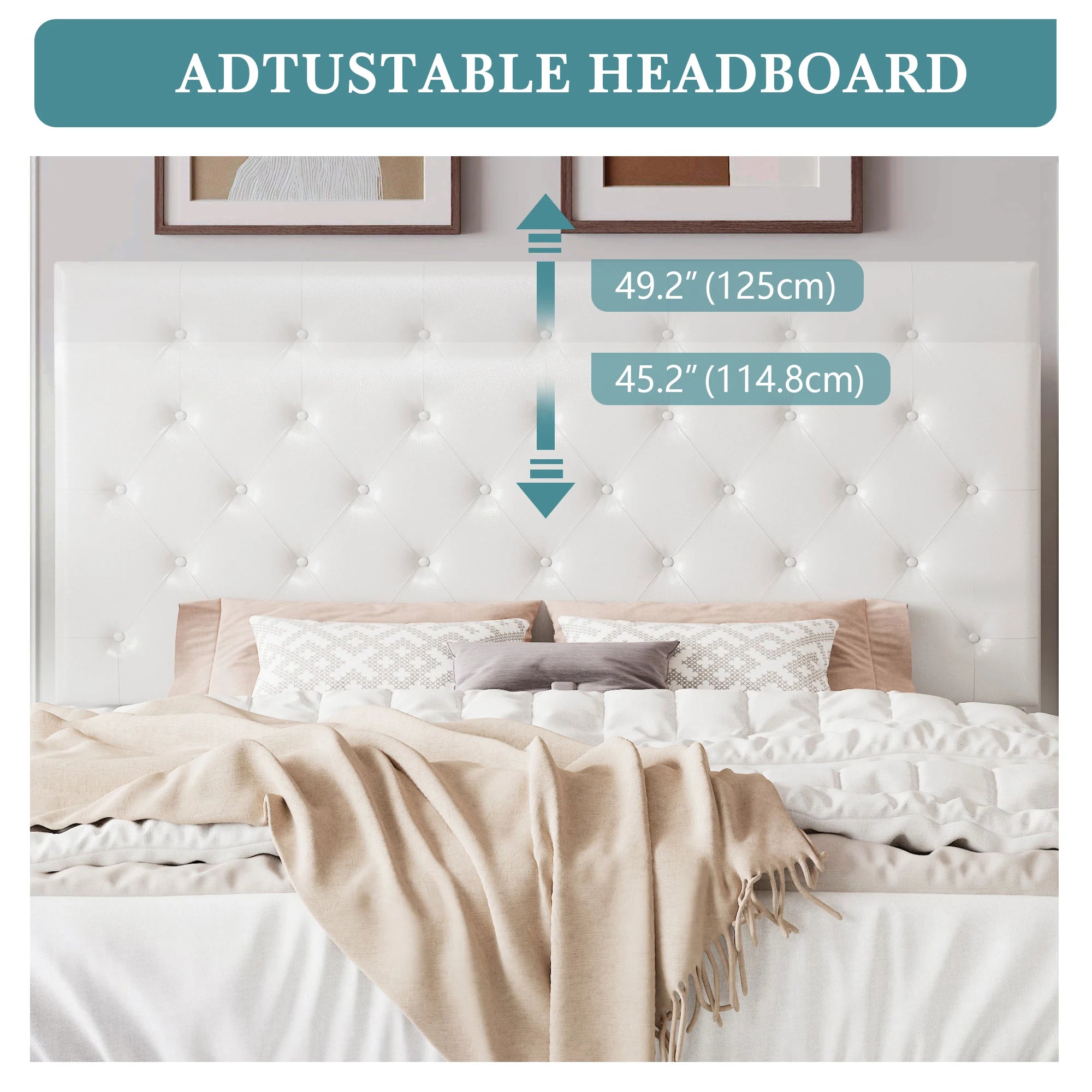 HOOMIC Bed Frame with Adjustable Diamond Tufted Headboard/Faux Leather Upholstered Platform Bed Frame