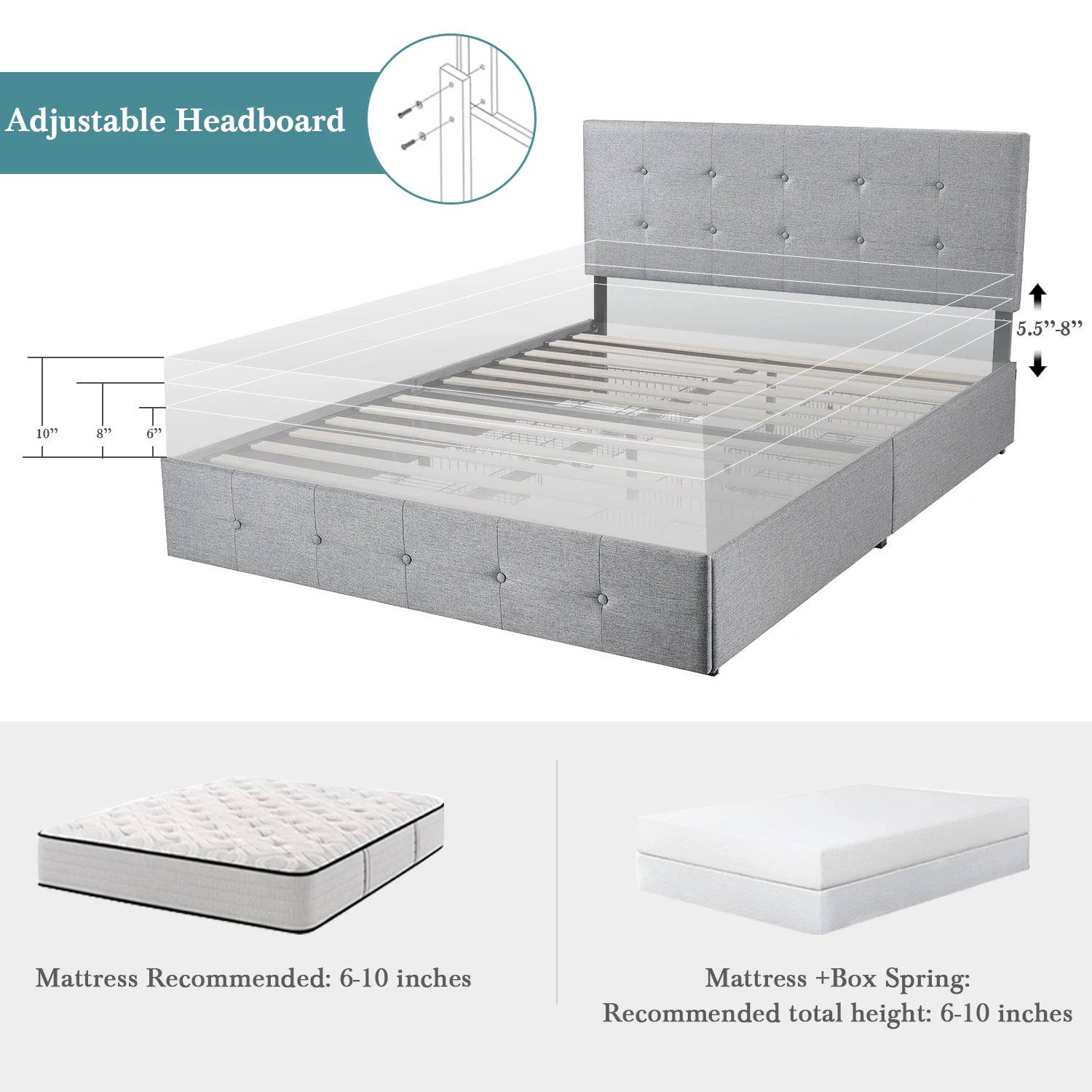 HOOMIC Platform Storage Bed Frame with 4 Drawers and Adjustable Headboard