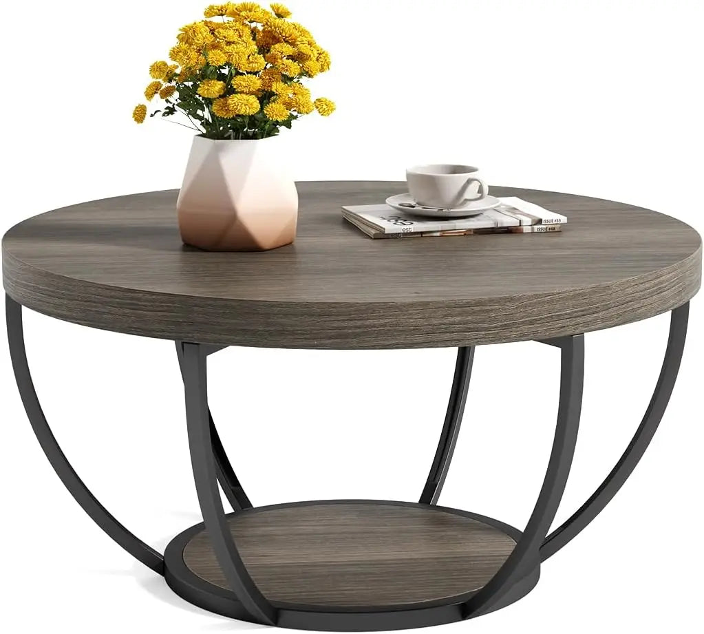 32" Circle Marble Coffee Tables, 2-Tier Golden Metal Legs Accent Center Table with Open Storage Modern Design