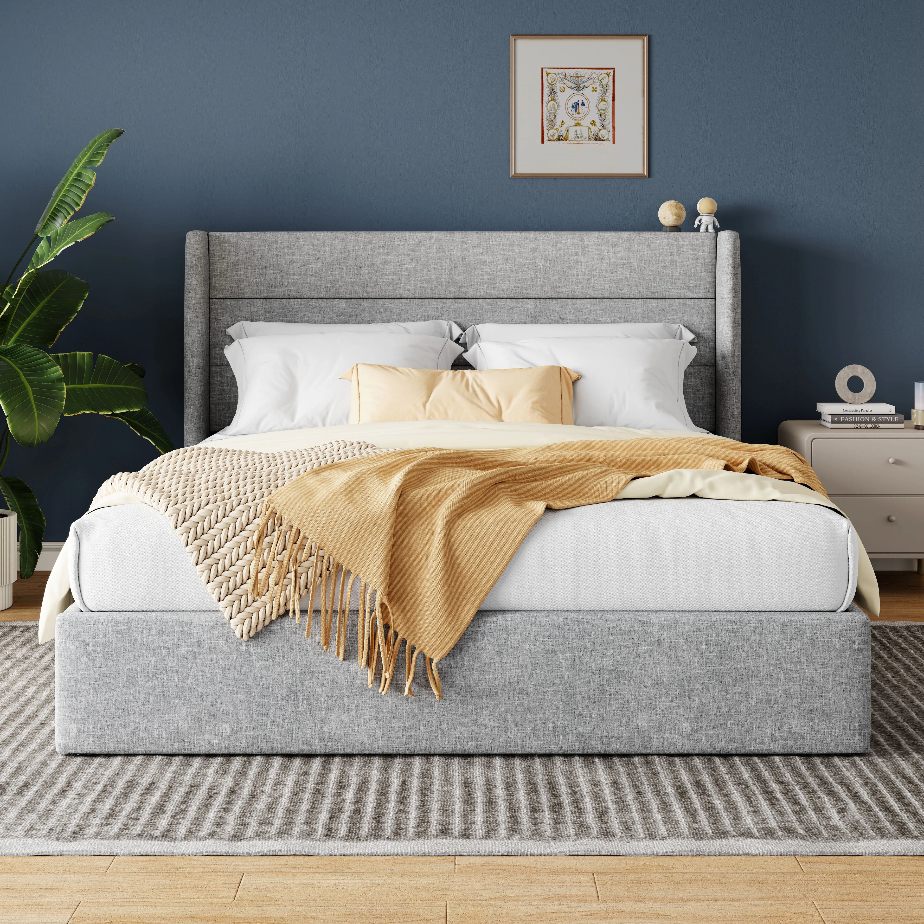 Lift Up Storage Bed with Wingback Headboard/Heavy-Duty Hydraulic Bed/Large Underneath Storage