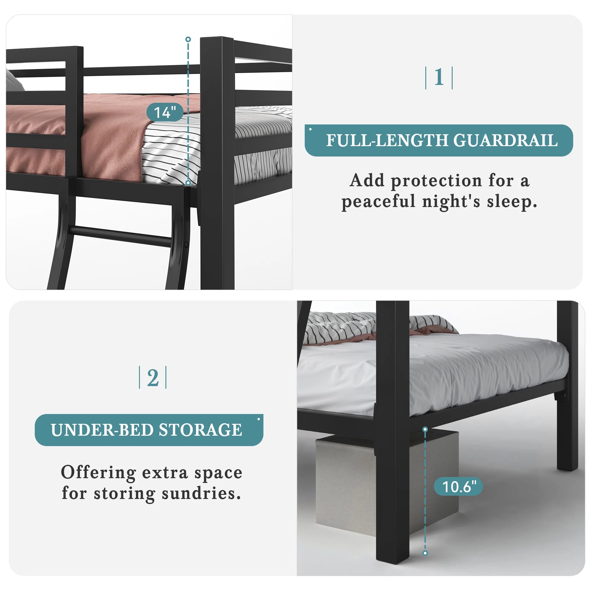 HOOMIC Heavy-Duty Metal Bunk Bed Frame Twin Over Twin, Full Length Guardrails, Space-Saving, Sturdy Metal Support Allewie