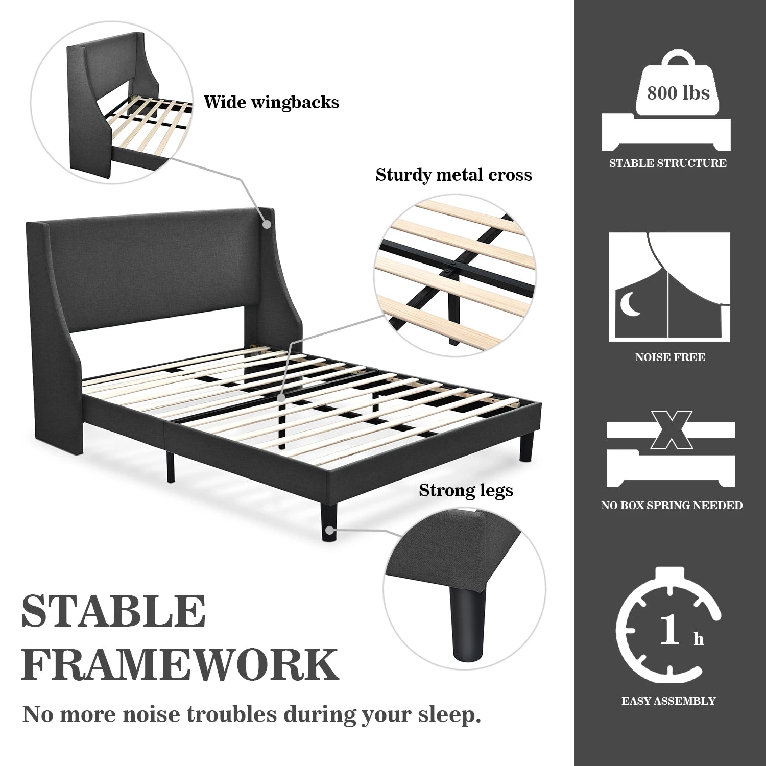 HOOMIC Bed Frame, Fabric Upholstered Modern Wingback Platform Bed with Headboard, Strong Wood Slats Support Allewie