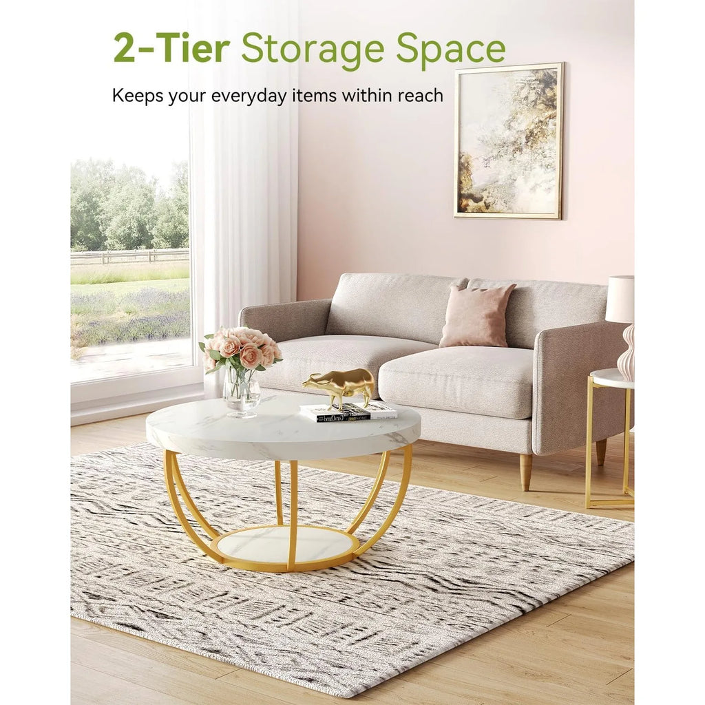 32" Circle Marble Coffee Tables, 2-Tier Golden Metal Legs Accent Center Table with Open Storage Modern Design