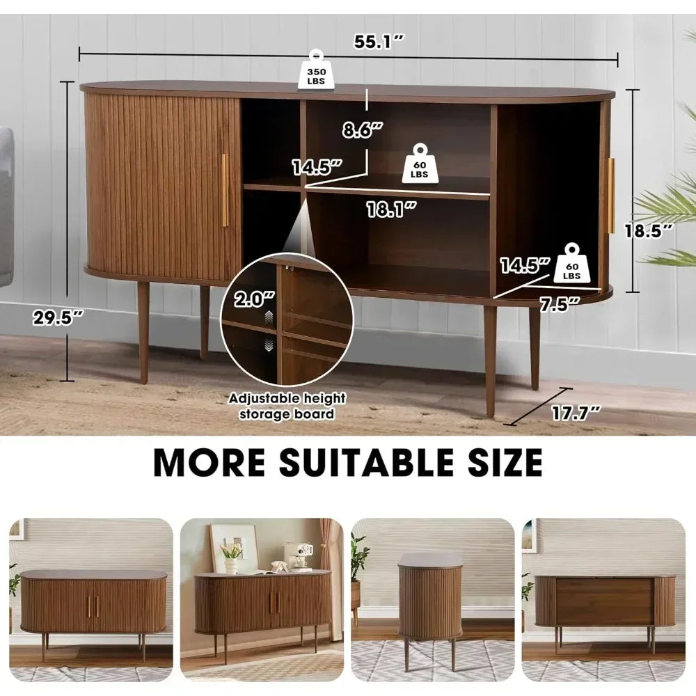 55" Sideboard Buffet with Fluted Slide Doors, Tambour Storage Cabinet with Shelves, Modern Credenza for Living Room