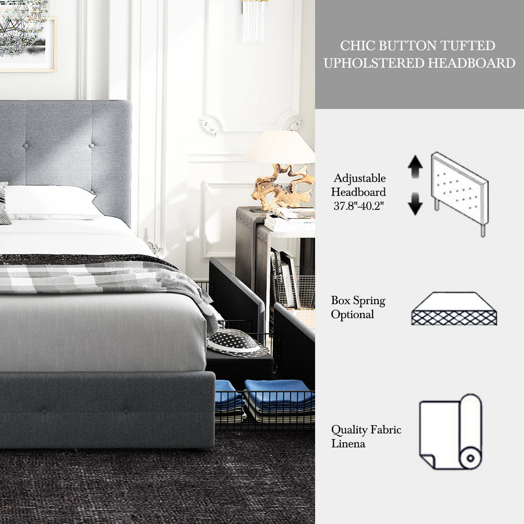HOOMIC Platform Storage Bed Frame with 4 Drawers and Adjustable Headboard