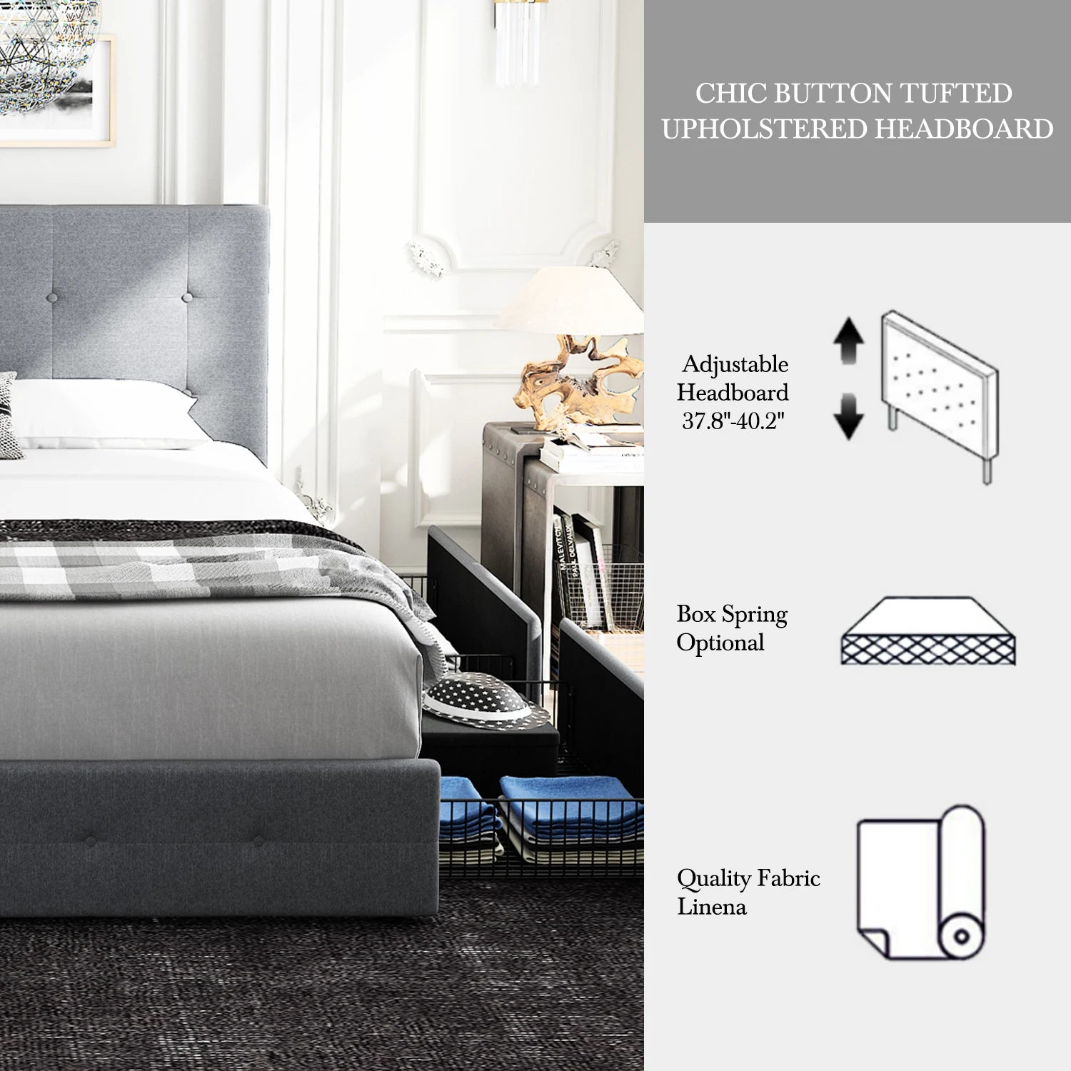 HOOMIC Platform Storage Bed Frame with 4 Drawers and Adjustable Headboard