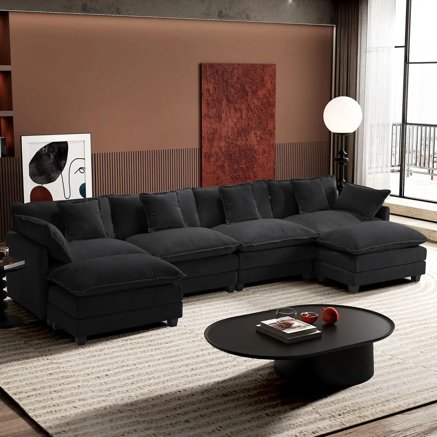 U-Shaped Modern Sofa Modular Sectional Cloud Couch with 2 Ottoman, 6-Seat Chenille Deep Seat Sofa with 6 Pillows for Living Room