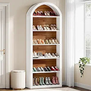 6-Tier Tall White Wooden Arch Cabinet Organizer, Large Modern Free Standing Shoe Rack for 24