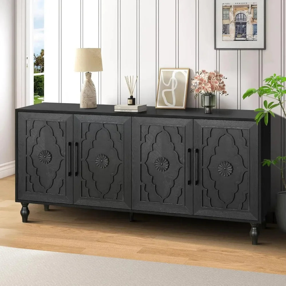 Sideboard Buffet Credenzas for Living Room, 63" Antique Entryway Table with Storage Accent Cabinet, Carved Flowers Doors