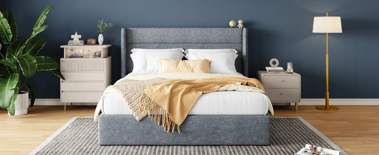 Lift Up Storage Bed with Wingback Headboard/Heavy-Duty Hydraulic Bed/Large Underneath Storage