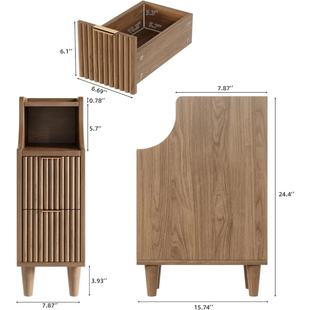 Fluted Nightstands Set of 2,Narrow Bedside Table with 2 Drawers & Storage, Farmhouse Walnut End Table Modern Side Table