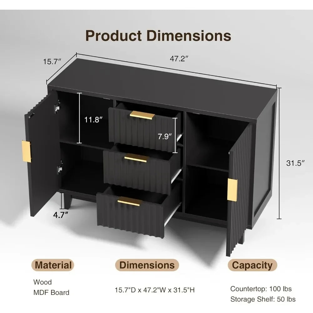 47.2" W Storage Cabinet with 3 Drawers, Fluted Buffet with Storage, Large Sideboard with 2 Door, Modern Mid Century TV Stand