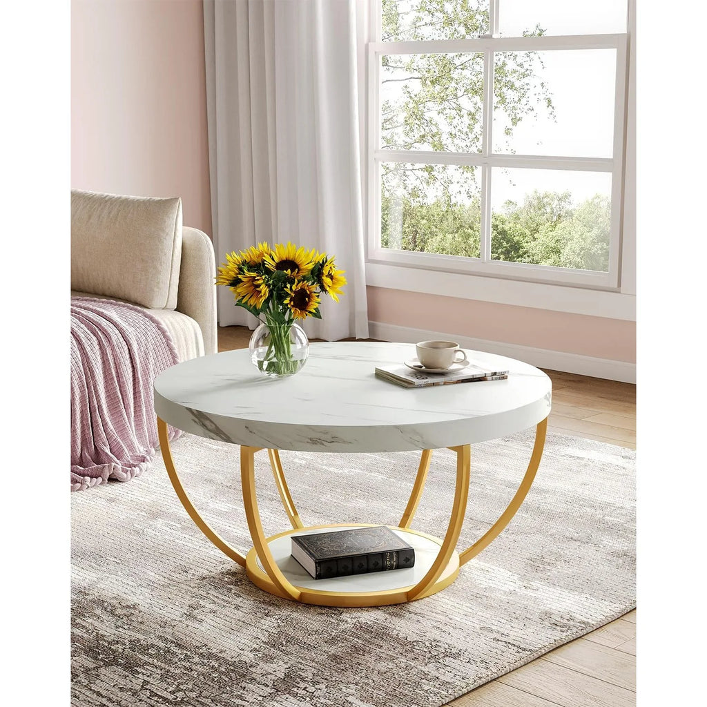 32" Circle Marble Coffee Tables, 2-Tier Golden Metal Legs Accent Center Table with Open Storage Modern Design