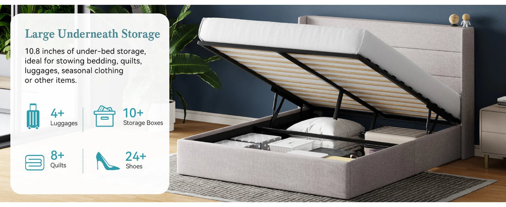 Lift Up Storage Bed with Wingback Headboard/Heavy-Duty Hydraulic Bed/Large Underneath Storage