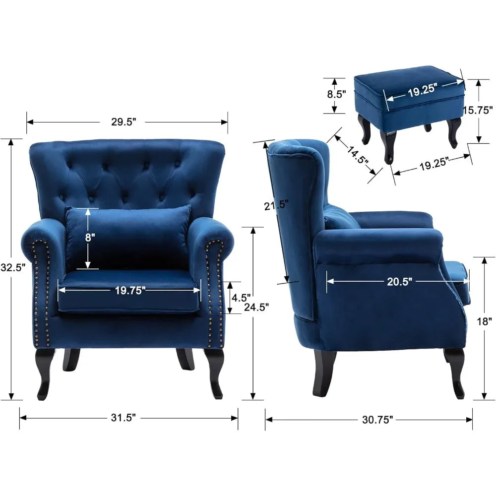 Mid-Century Velvet Tufted Wingback Chair with Ottoman, Padded Accent Seat for Home Living and Bedroom Spaces