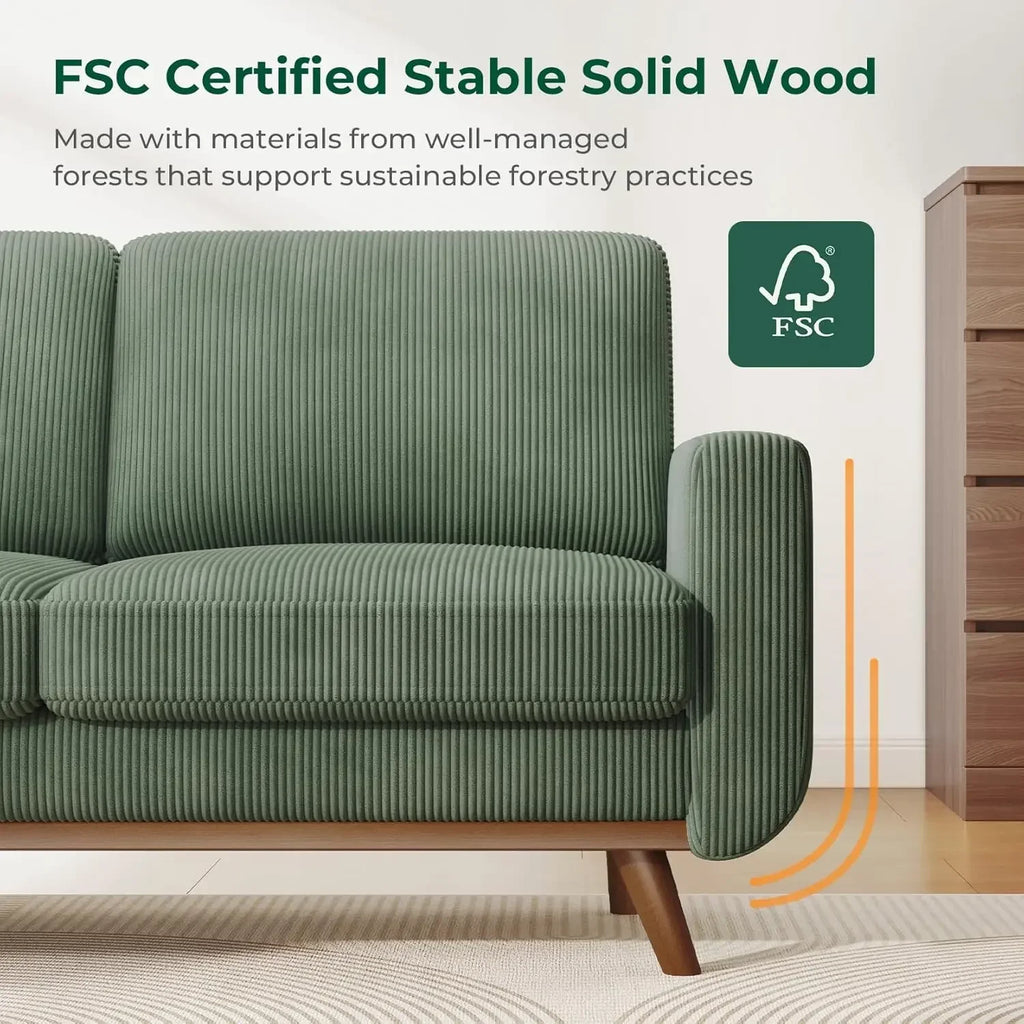 Bedroom & Living Room，68" Loveseat Sofa - Green, Comfy Corduroy with Spring Cushion, Solid Wood Frame, Modern Deep Seat