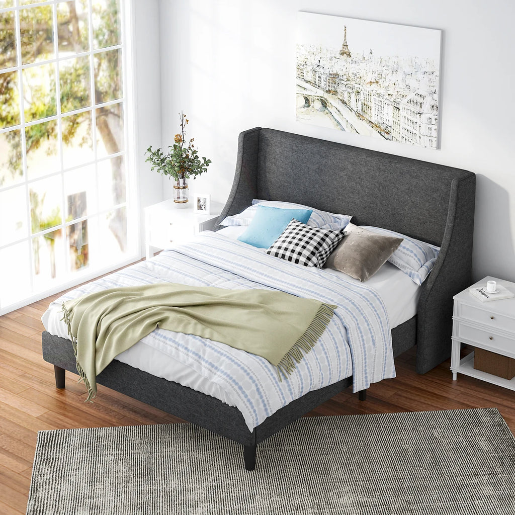HOOMIC Bed Frame, Fabric Upholstered Modern Wingback Platform Bed with Headboard, Strong Wood Slats Support Allewie