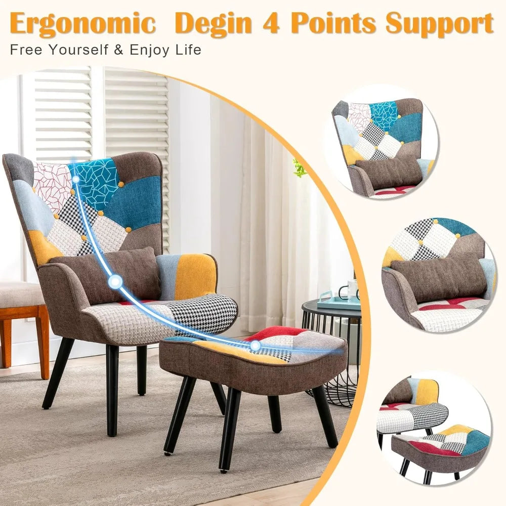 Accent Patchwork Chair with Ottoman Set Fabric High Wingback Chair Comfy Bohemian Flax Design Chair with Throw Pillow, for Livi