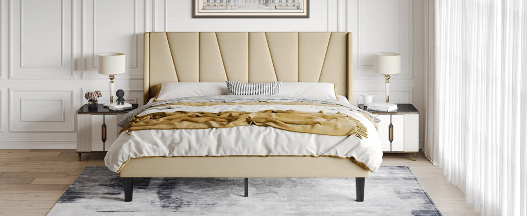 HOOMIC Platform Bed Frame with Geometric Wingback Headboard, Wooden Slats Support, No Box Spring Needed Allewie