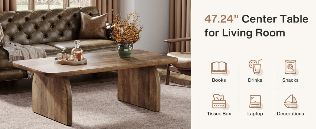 Tribesigns Farmhouse Rectangular Coffee Table, 47.24-Inch Engineered Wood Center Cocktail Tea Table with Sturdy Base