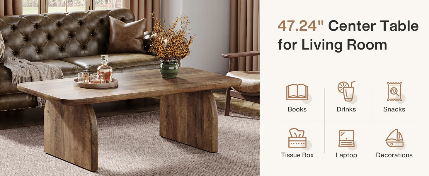 Tribesigns Farmhouse Rectangular Coffee Table, 47.24-Inch Engineered Wood Center Cocktail Tea Table with Sturdy Base