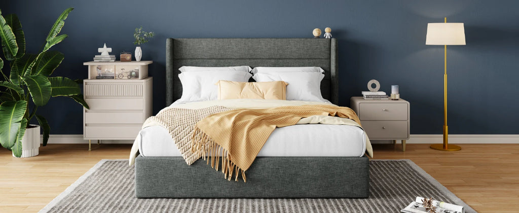 Lift Up Storage Bed with Wingback Headboard/Heavy-Duty Hydraulic Bed/Large Underneath Storage