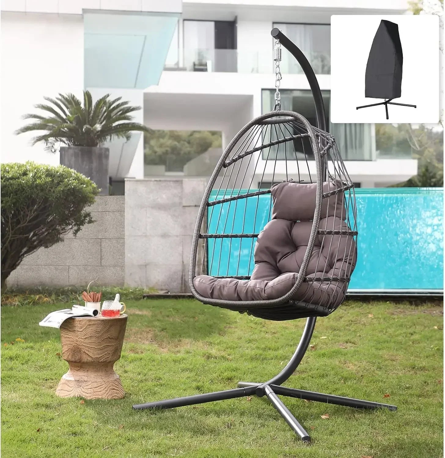 Indoor/Outdoor Egg Swing Chair With or Without Stand, Patio Wicker Rattan Hanging Chair w/Cushion, 350lbs Capacity
