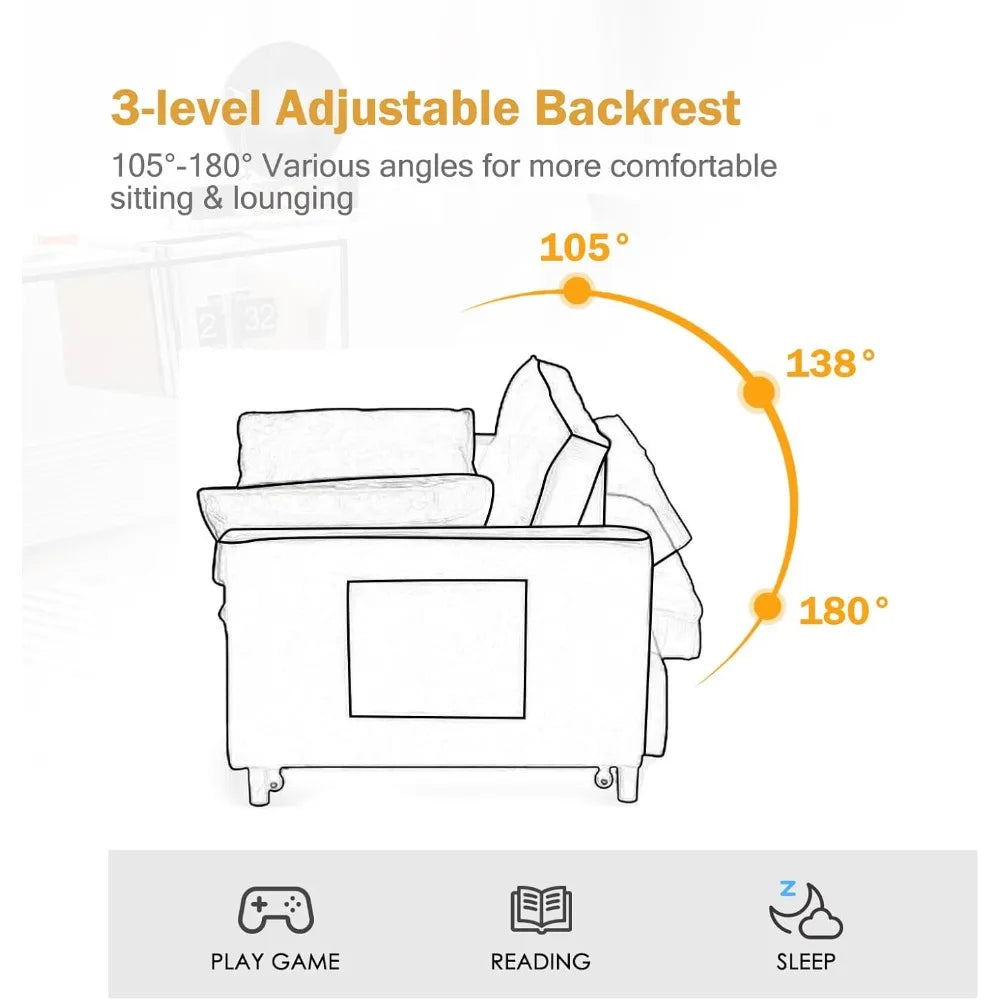 Convertible 3-in-1 Sleeper Sofa with Armrests, Storage Pockets, Pillows, and Adjustable Backrest