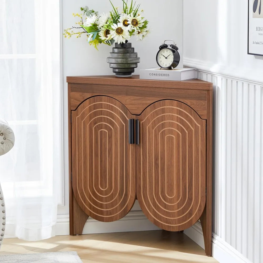 Small Corner Storage Cabinet, Mid Century Modern Floor Corner Cabinet with Curved Doors and Adjustable Shelves，Freestanding Narr