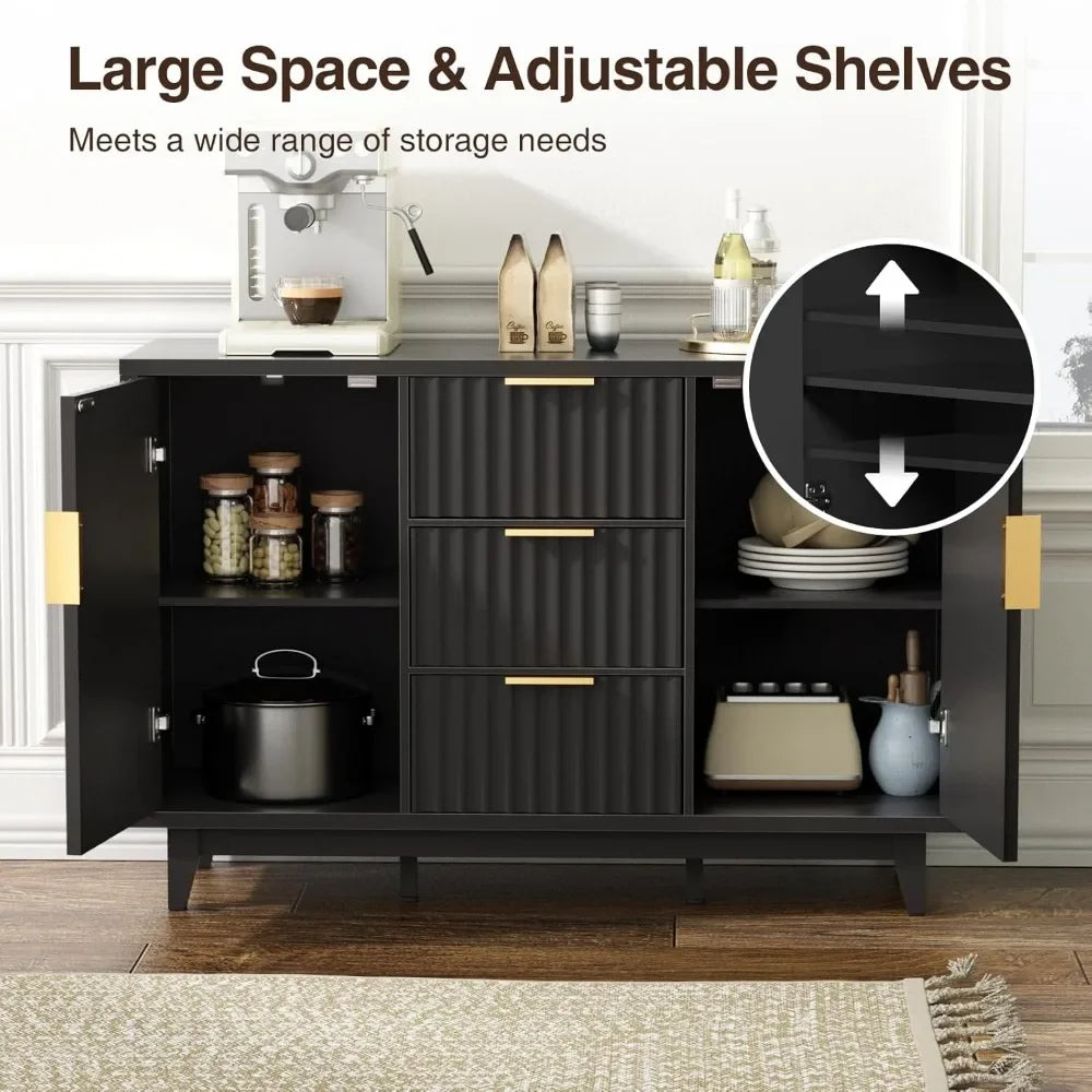 47.2" W Storage Cabinet with 3 Drawers, Fluted Buffet with Storage, Large Sideboard with 2 Door, Modern Mid Century TV Stand
