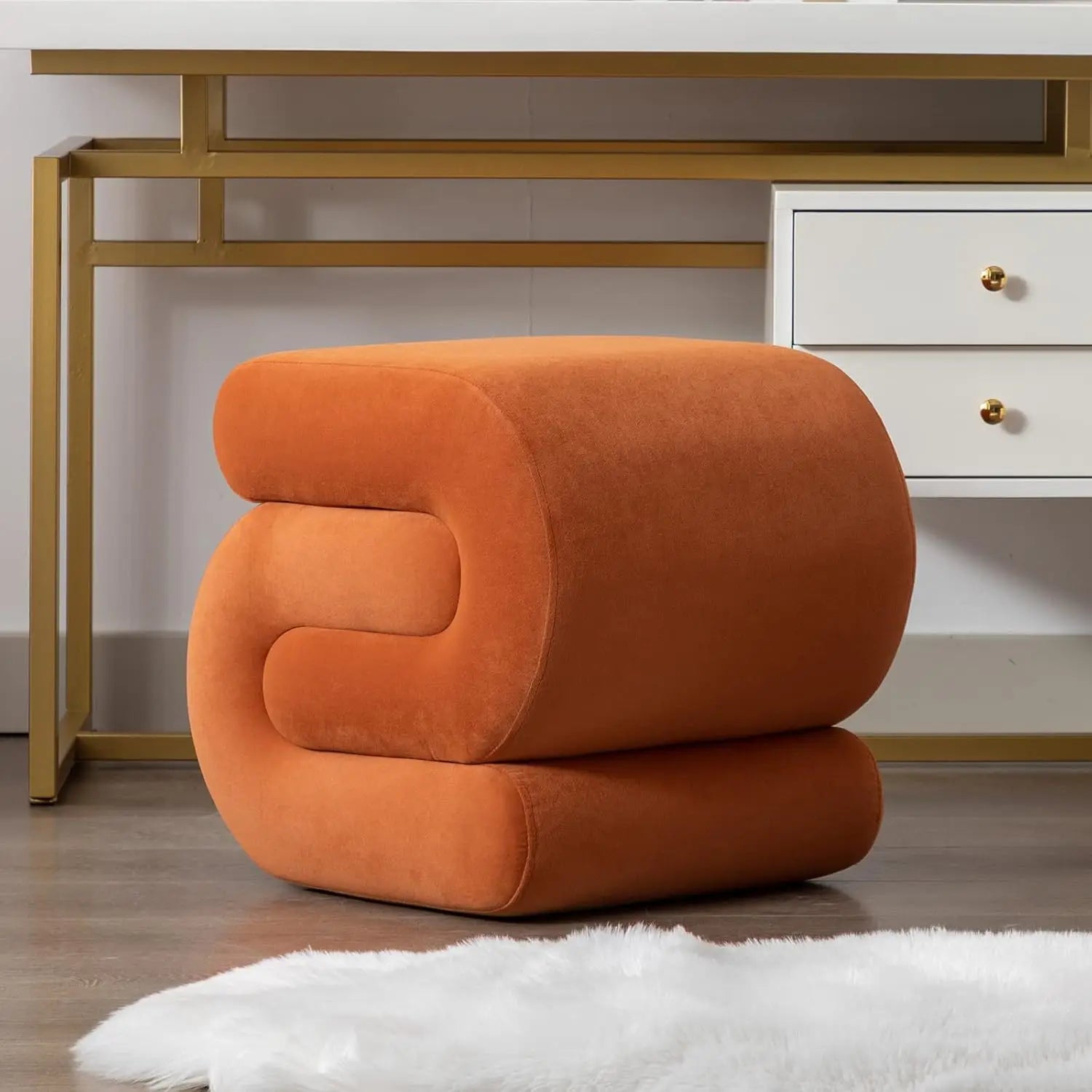 Velvet Vanity Stool, Modern S-Shaped Pouf Ottoman Footrest Makeup Chair Foot Stool Under Desk, Decorative Floor Seat for Makeup