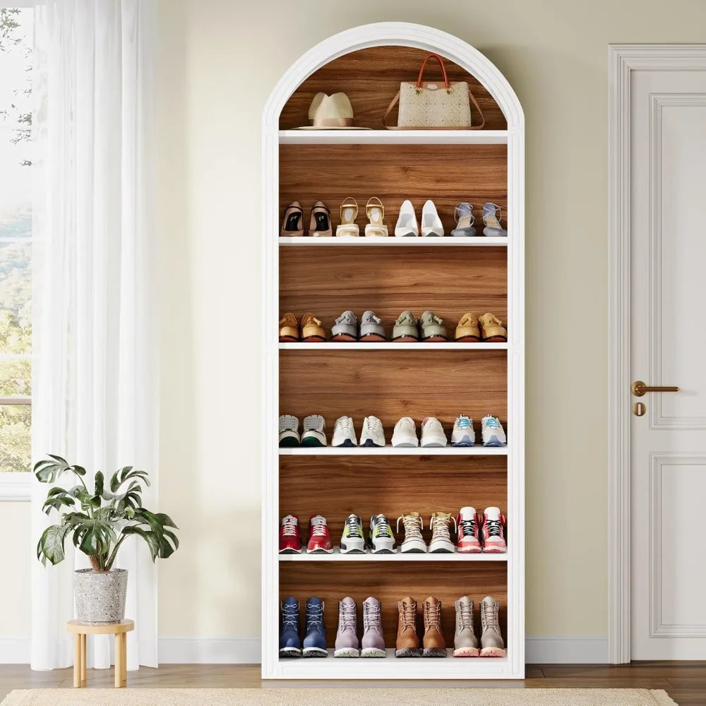 6-Tier Tall White Wooden Arch Cabinet Organizer, Large Modern Free Standing Shoe Rack for 24
