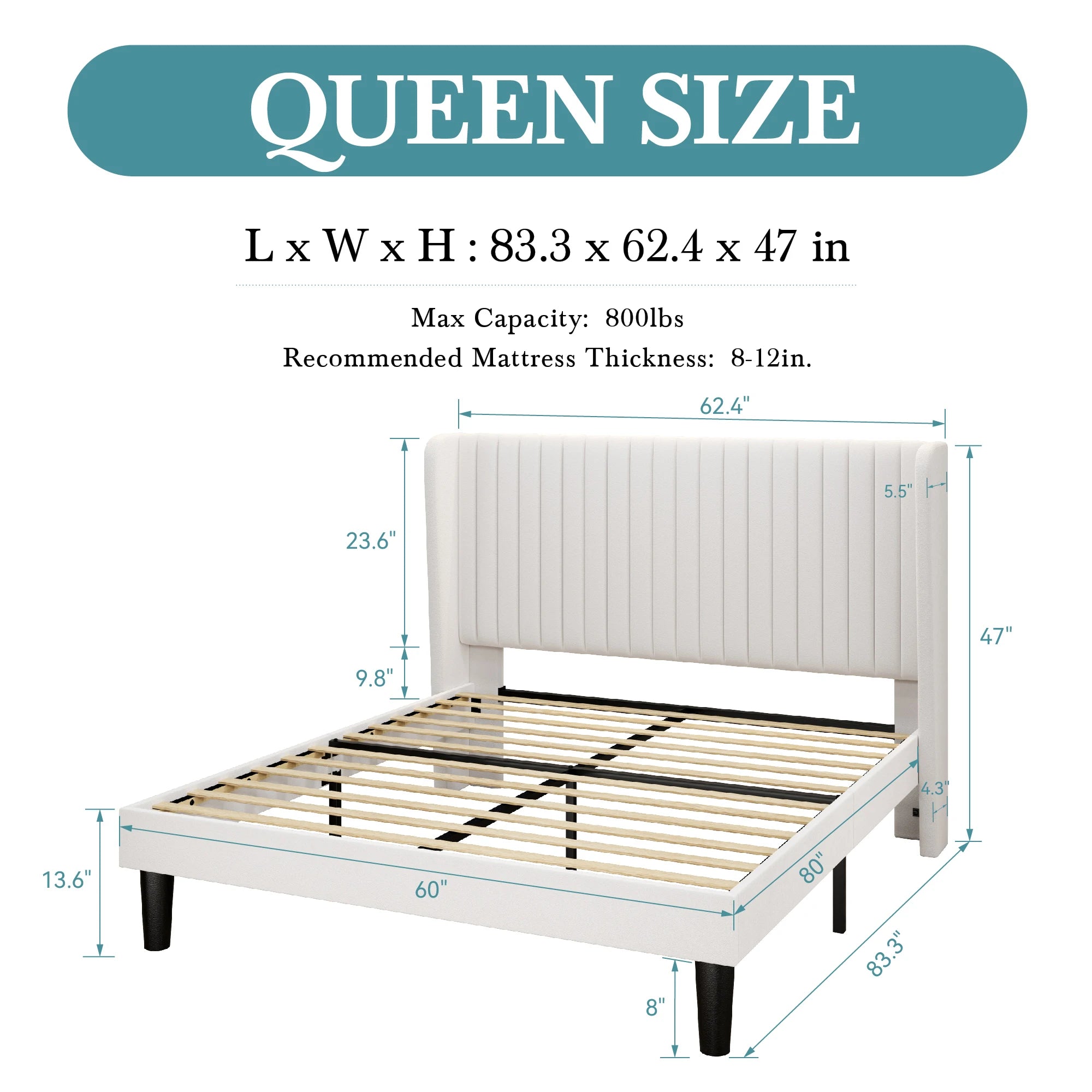HOOMIC Velvet Upholstered Bed Frame, Vertical Channel Tufted Wingback Headboard, Wooden Slats Support Allewie