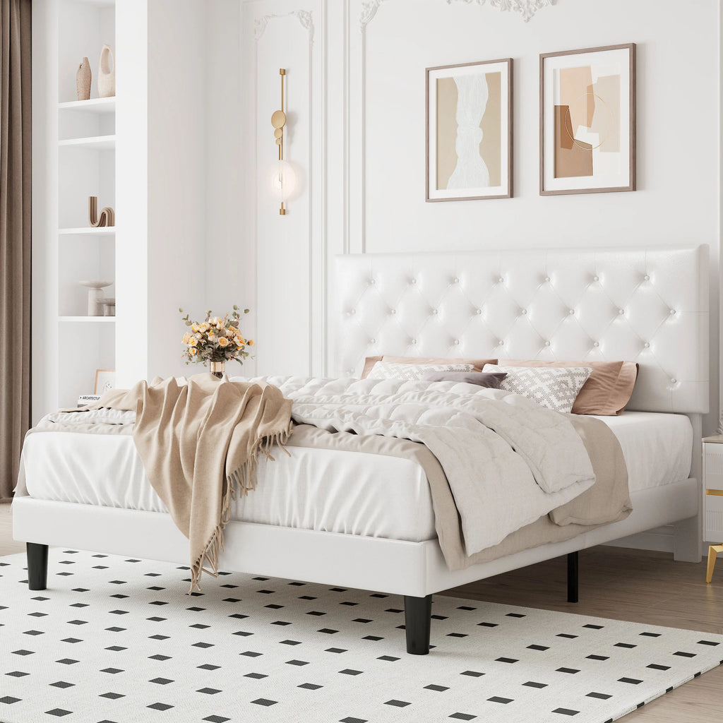 HOOMIC Bed Frame with Adjustable Diamond Tufted Headboard/Faux Leather Upholstered Platform Bed Frame