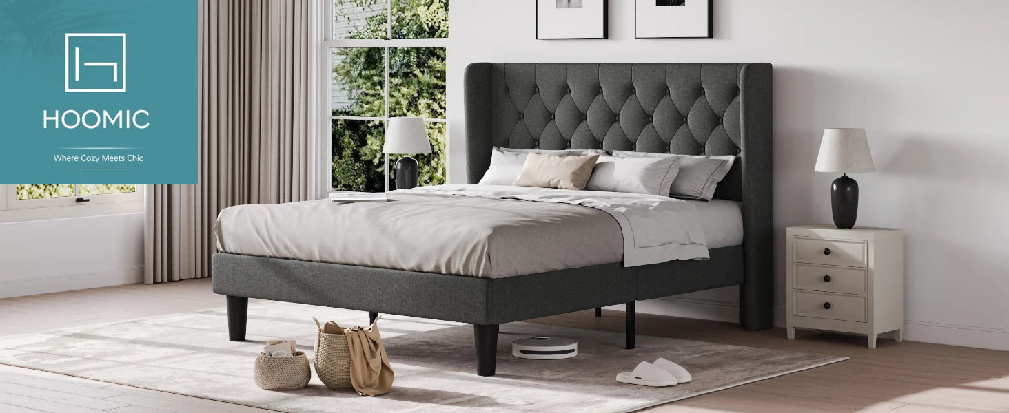 HOOMIC Classic Bed Frame with Button Tufted Wingback Headboard, Upholstered Platform Bed with Wooden Slats Support Allewie