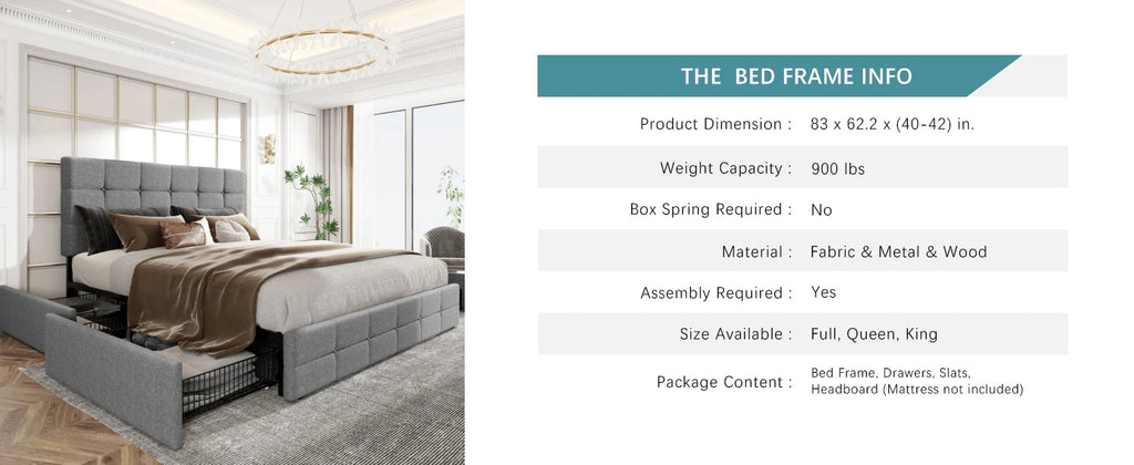 HOOMIC Platform Storage Bed Frame with 4 Drawers and Adjustable Headboard