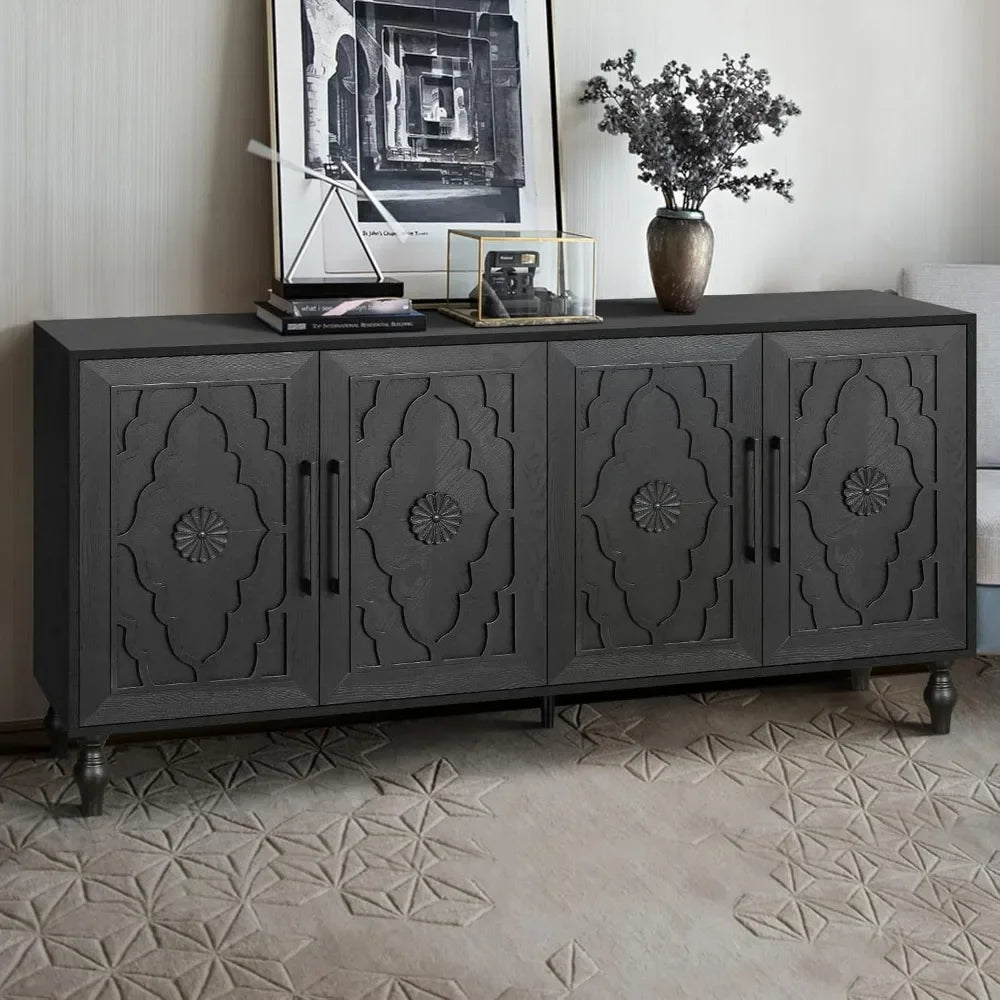 Sideboard Buffet Credenzas for Living Room, 63" Antique Entryway Table with Storage Accent Cabinet, Carved Flowers Doors