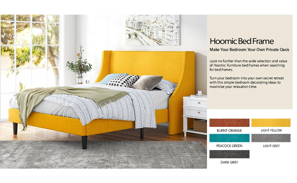 HOOMIC Bed Frame, Fabric Upholstered Modern Wingback Platform Bed with Headboard, Strong Wood Slats Support Allewie