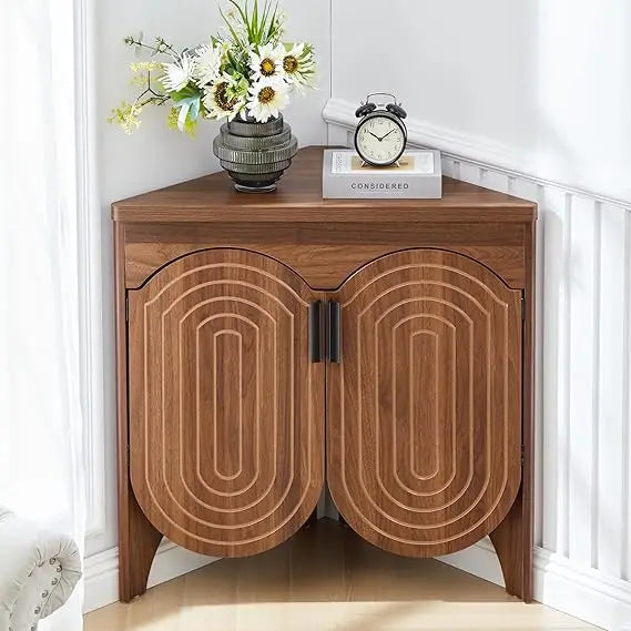 Small Corner Storage Cabinet, Mid Century Modern Floor Corner Cabinet with Curved Doors and Adjustable Shelves，Freestanding Narr