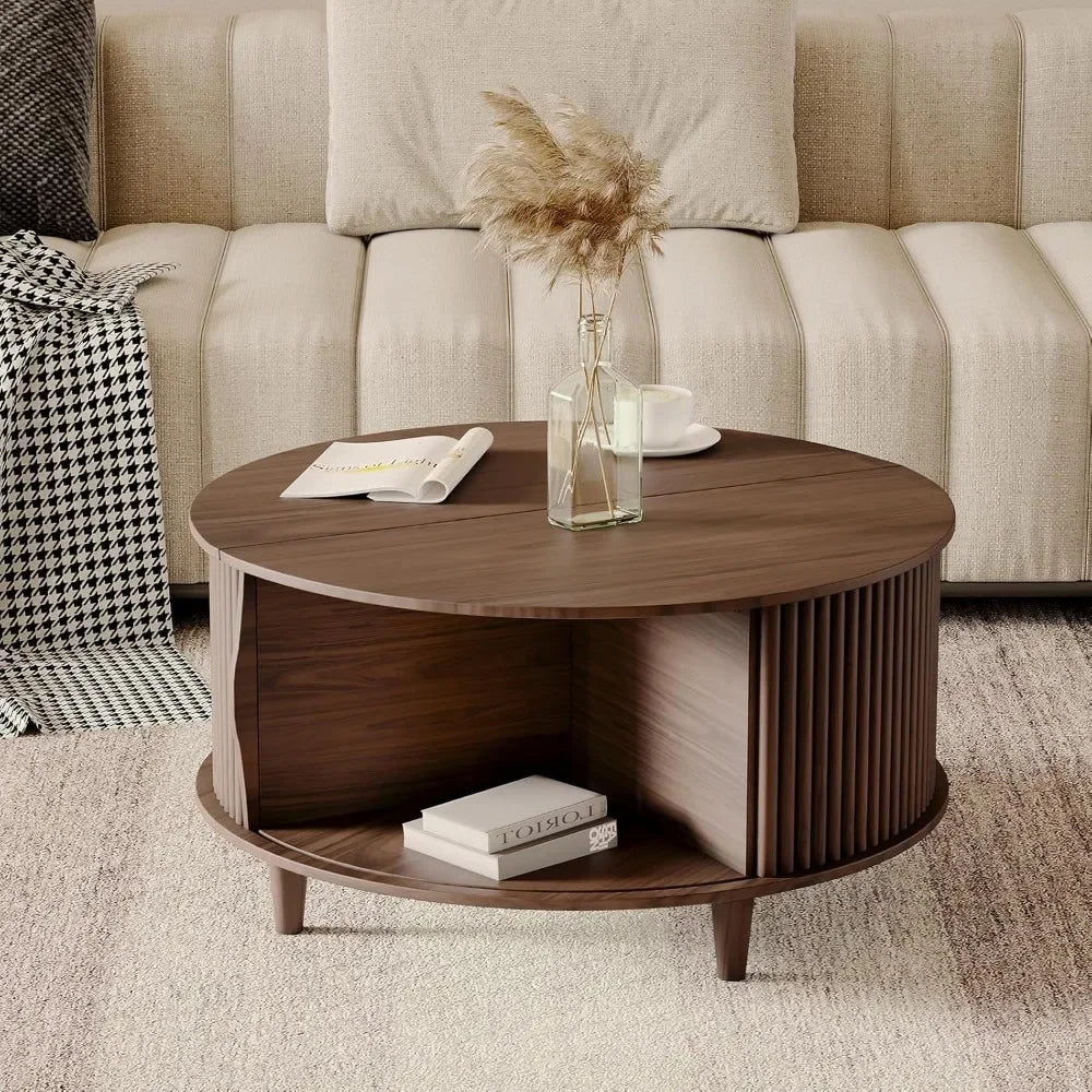 Round Coffee Table with Storage,Mid Century Modern Coffee Table with Sliding Cabinet Door,Coffee Table for Living Room