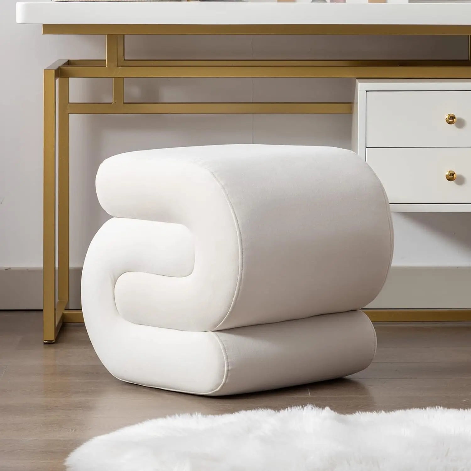 Velvet Vanity Stool, Modern S-Shaped Pouf Ottoman Footrest Makeup Chair Foot Stool Under Desk, Decorative Floor Seat for Makeup