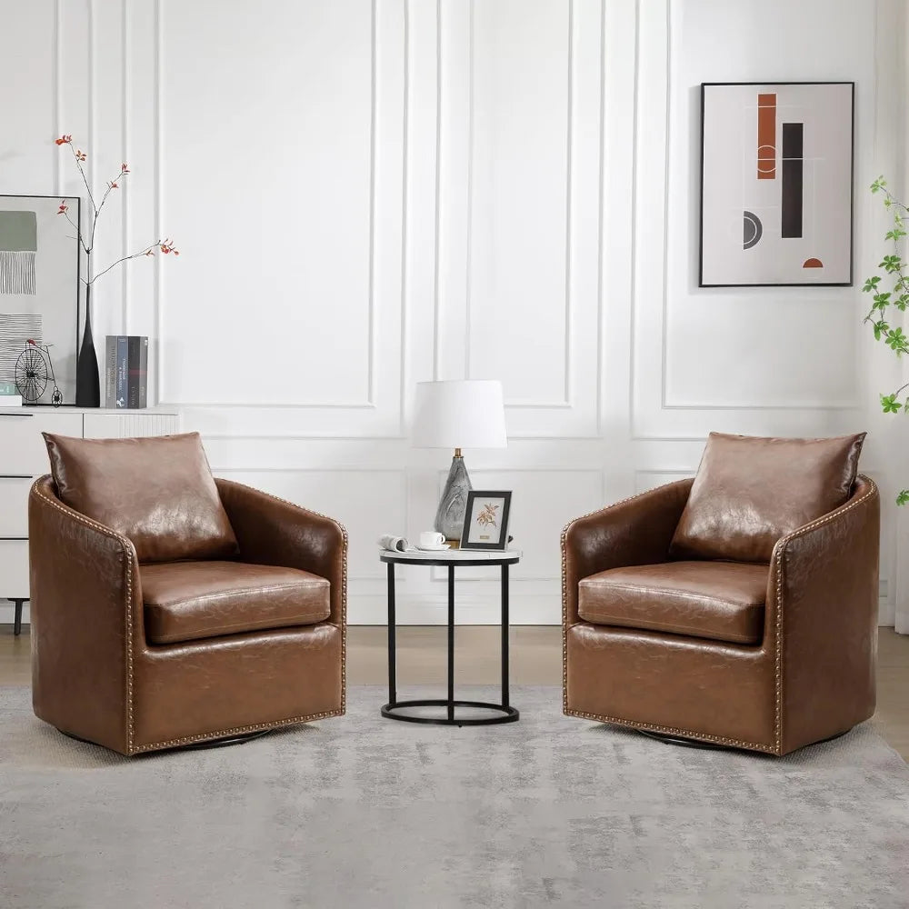360 Degree Swivel Accent Chair Set of Two with Plump Back Pillow, Waterproof Oil Waxed PU Leather Swivel Armchair