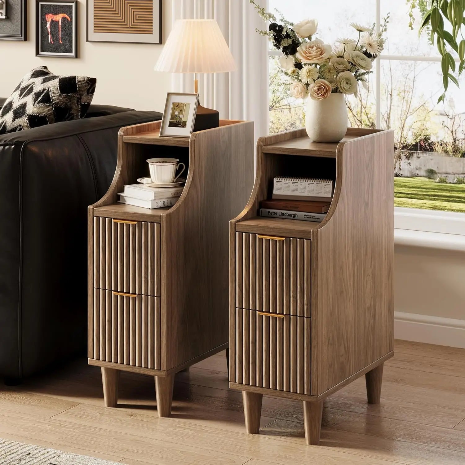 Fluted Nightstands Set of 2,Narrow Bedside Table with 2 Drawers & Storage, Farmhouse Walnut End Table Modern Side Table