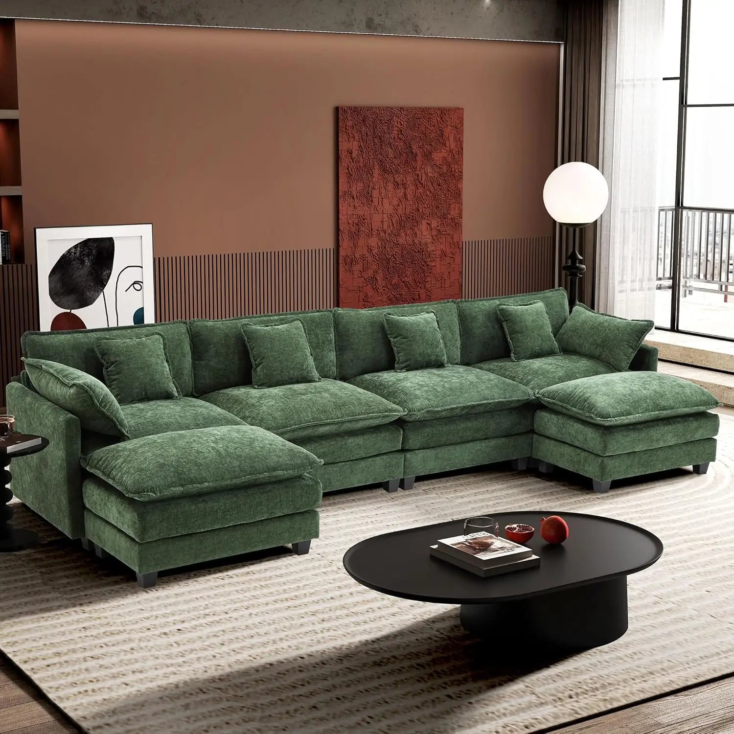 U-Shaped Modern Sofa Modular Sectional Cloud Couch with 2 Ottoman, 6-Seat Chenille Deep Seat Sofa with 6 Pillows for Living Room
