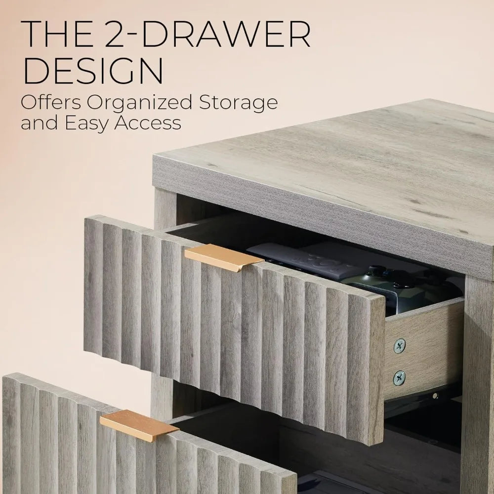 Night Stand Set 2, Fluted Nightstand with Charging Station, Modern End Table with 2 Drawers, Bed Side Tables Set