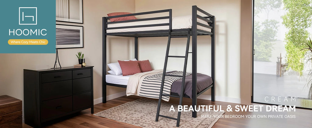HOOMIC Heavy-Duty Metal Bunk Bed Frame Twin Over Twin, Full Length Guardrails, Space-Saving, Sturdy Metal Support Allewie