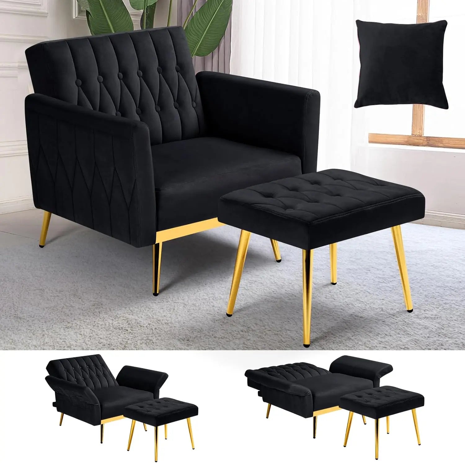 Velvet Accent Chair with Adjustable Armrests and Backrest, Button Tufted Lounge Chair, Single Recliner Armchair with Ottoman