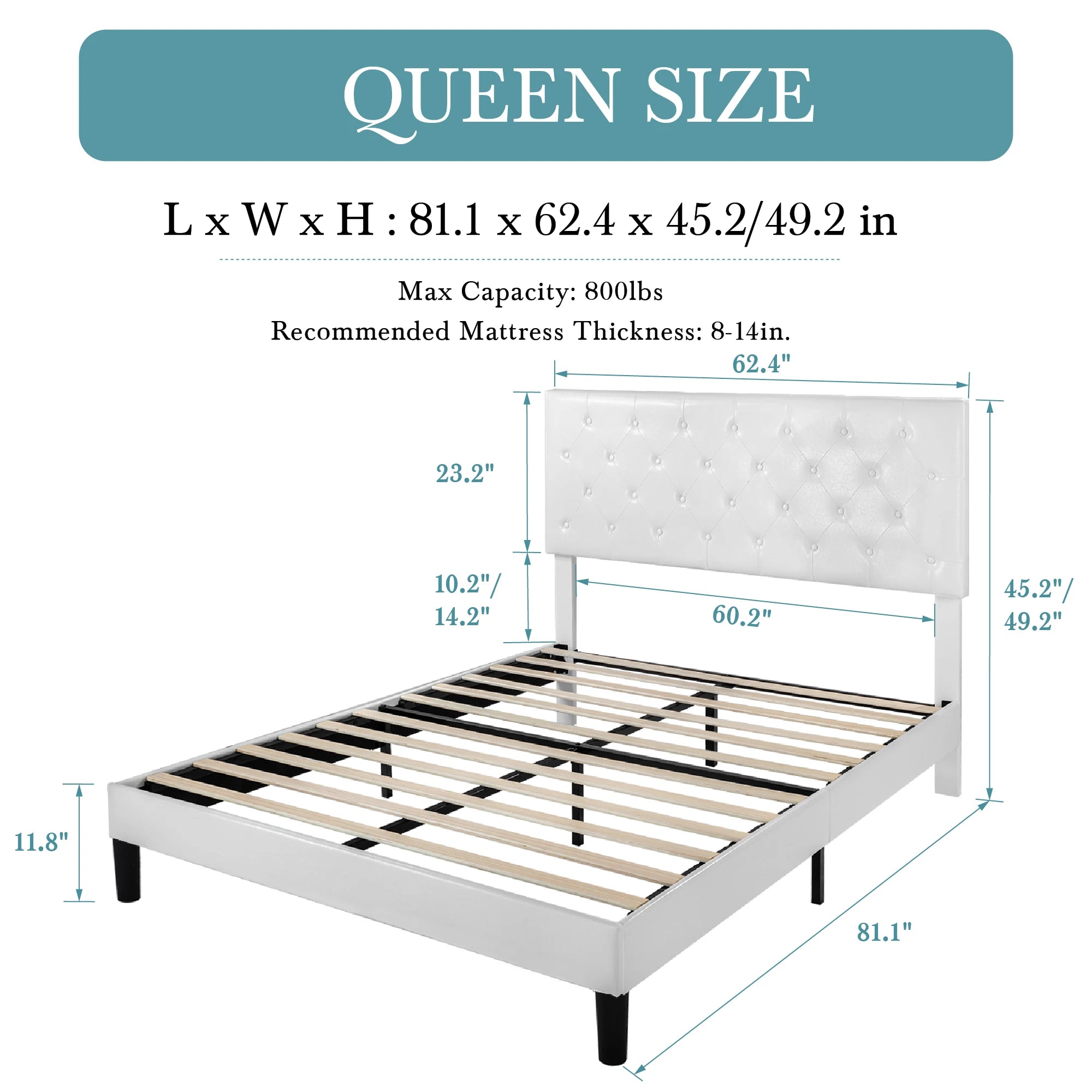 HOOMIC Bed Frame with Adjustable Diamond Tufted Headboard/Faux Leather Upholstered Platform Bed Frame